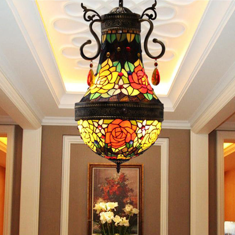 Dragonfly Chandelier 6 Lights Stained Glass Tiffany Pendant Lighting in Red/Yellow/Green for Dining Room Yellow Clearhalo 'Ceiling Lights' 'Chandeliers' 'Industrial' 'Middle Century Chandeliers' 'Tiffany Chandeliers' 'Tiffany close to ceiling' 'Tiffany' Lighting' 293096