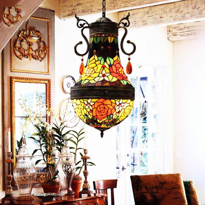 Dragonfly Chandelier 6 Lights Stained Glass Tiffany Pendant Lighting in Red/Yellow/Green for Dining Room Clearhalo 'Ceiling Lights' 'Chandeliers' 'Industrial' 'Middle Century Chandeliers' 'Tiffany Chandeliers' 'Tiffany close to ceiling' 'Tiffany' Lighting' 293097