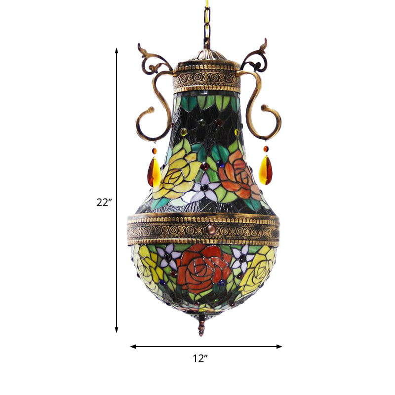 Dragonfly Chandelier 6 Lights Stained Glass Tiffany Pendant Lighting in Red/Yellow/Green for Dining Room Clearhalo 'Ceiling Lights' 'Chandeliers' 'Industrial' 'Middle Century Chandeliers' 'Tiffany Chandeliers' 'Tiffany close to ceiling' 'Tiffany' Lighting' 293099