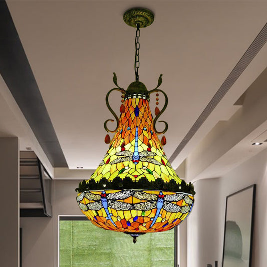 16"/19.5" Wide Dragonfly Chandelier Light Mediterranean Stained Glass 6/8 Lights Antique Brass Pendant Lamp Clearhalo 'Ceiling Lights' 'Chandeliers' 'Industrial' 'Middle Century Chandeliers' 'Tiffany Chandeliers' 'Tiffany close to ceiling' 'Tiffany' Lighting' 293101