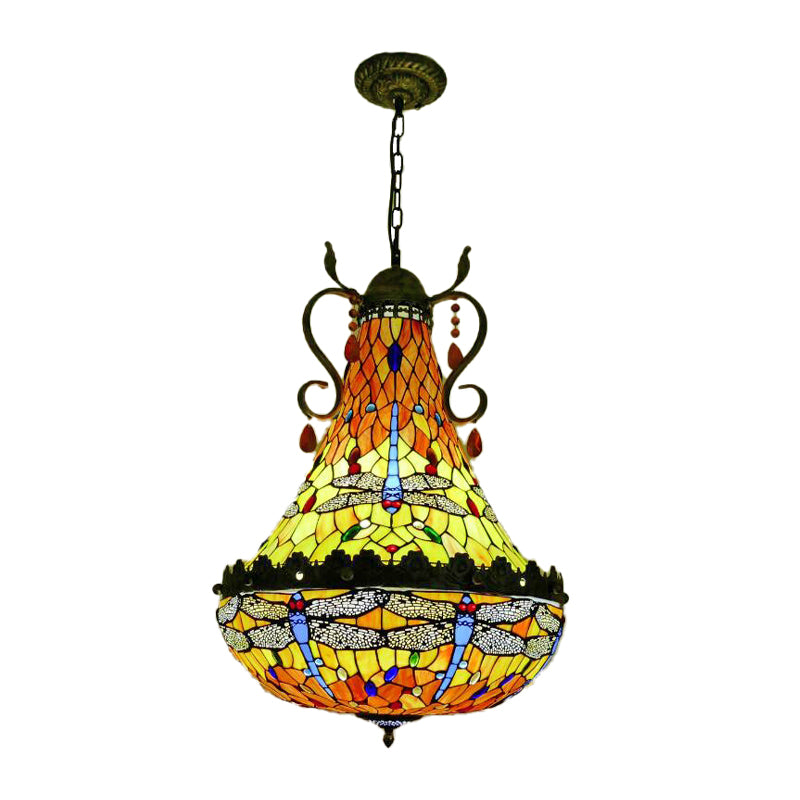 16"/19.5" Wide Dragonfly Chandelier Light Mediterranean Stained Glass 6/8 Lights Antique Brass Pendant Lamp Clearhalo 'Ceiling Lights' 'Chandeliers' 'Industrial' 'Middle Century Chandeliers' 'Tiffany Chandeliers' 'Tiffany close to ceiling' 'Tiffany' Lighting' 293103