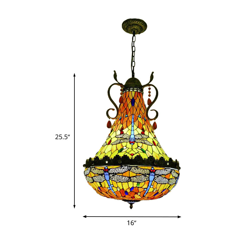 16"/19.5" Wide Dragonfly Chandelier Light Mediterranean Stained Glass 6/8 Lights Antique Brass Pendant Lamp Clearhalo 'Ceiling Lights' 'Chandeliers' 'Industrial' 'Middle Century Chandeliers' 'Tiffany Chandeliers' 'Tiffany close to ceiling' 'Tiffany' Lighting' 293104