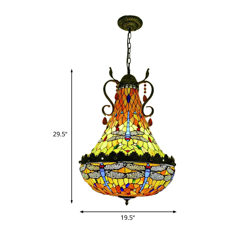 16"/19.5" Wide Dragonfly Chandelier Light Mediterranean Stained Glass 6/8 Lights Antique Brass Pendant Lamp Clearhalo 'Ceiling Lights' 'Chandeliers' 'Industrial' 'Middle Century Chandeliers' 'Tiffany Chandeliers' 'Tiffany close to ceiling' 'Tiffany' Lighting' 293105