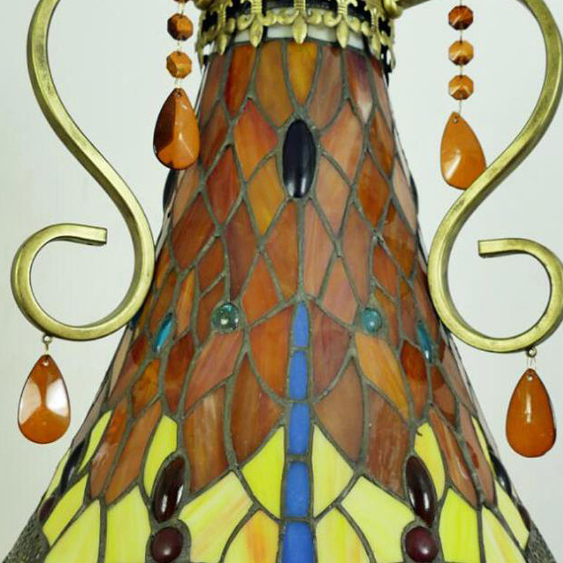 16"/19.5" Wide Dragonfly Chandelier Light Mediterranean Stained Glass 6/8 Lights Antique Brass Pendant Lamp Clearhalo 'Ceiling Lights' 'Chandeliers' 'Industrial' 'Middle Century Chandeliers' 'Tiffany Chandeliers' 'Tiffany close to ceiling' 'Tiffany' Lighting' 293106