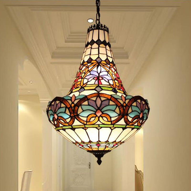 12"/16" Wide Antique Bronze Flower Chandelier Light Fixture Tiffany 3/5 Lights Stained Glass Ceiling Pendant Clearhalo 'Ceiling Lights' 'Chandeliers' 'Industrial' 'Middle Century Chandeliers' 'Tiffany Chandeliers' 'Tiffany close to ceiling' 'Tiffany' Lighting' 293115