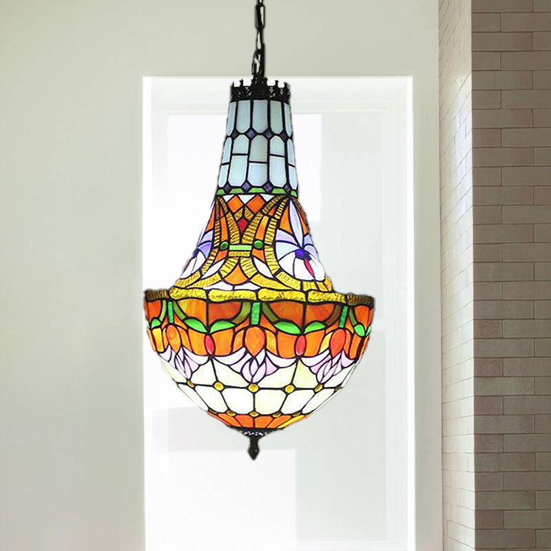 12"/16" Wide Flower Chandelier 3/5 Lights Stained Glass Tiffany Pendant Lighting Fixture in Antique Bronze Clearhalo 'Ceiling Lights' 'Chandeliers' 'Industrial' 'Middle Century Chandeliers' 'Tiffany Chandeliers' 'Tiffany close to ceiling' 'Tiffany' Lighting' 293127