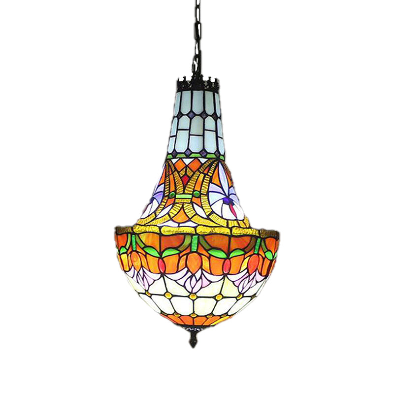 12"/16" Wide Flower Chandelier 3/5 Lights Stained Glass Tiffany Pendant Lighting Fixture in Antique Bronze Clearhalo 'Ceiling Lights' 'Chandeliers' 'Industrial' 'Middle Century Chandeliers' 'Tiffany Chandeliers' 'Tiffany close to ceiling' 'Tiffany' Lighting' 293129