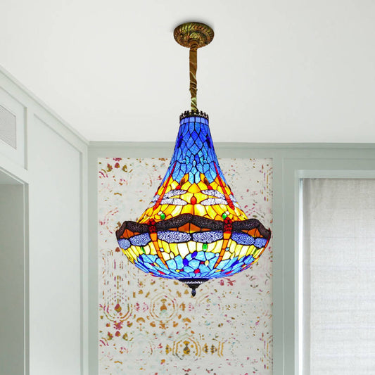 16"/19.5" Wide Dragonfly Chandelier Light Tiffany Stained Glass 5 Lights Blue/Green Pendant Lighting for Dining Room Blue Clearhalo 'Ceiling Lights' 'Chandeliers' 'Glass shade' 'Glass' 'Industrial' 'Middle Century Chandeliers' 'Tiffany Chandeliers' 'Tiffany close to ceiling' 'Tiffany' Lighting' 293133