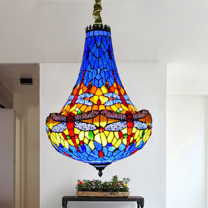 16"/19.5" Wide Dragonfly Chandelier Light Tiffany Stained Glass 5 Lights Blue/Green Pendant Lighting for Dining Room Clearhalo 'Ceiling Lights' 'Chandeliers' 'Glass shade' 'Glass' 'Industrial' 'Middle Century Chandeliers' 'Tiffany Chandeliers' 'Tiffany close to ceiling' 'Tiffany' Lighting' 293134