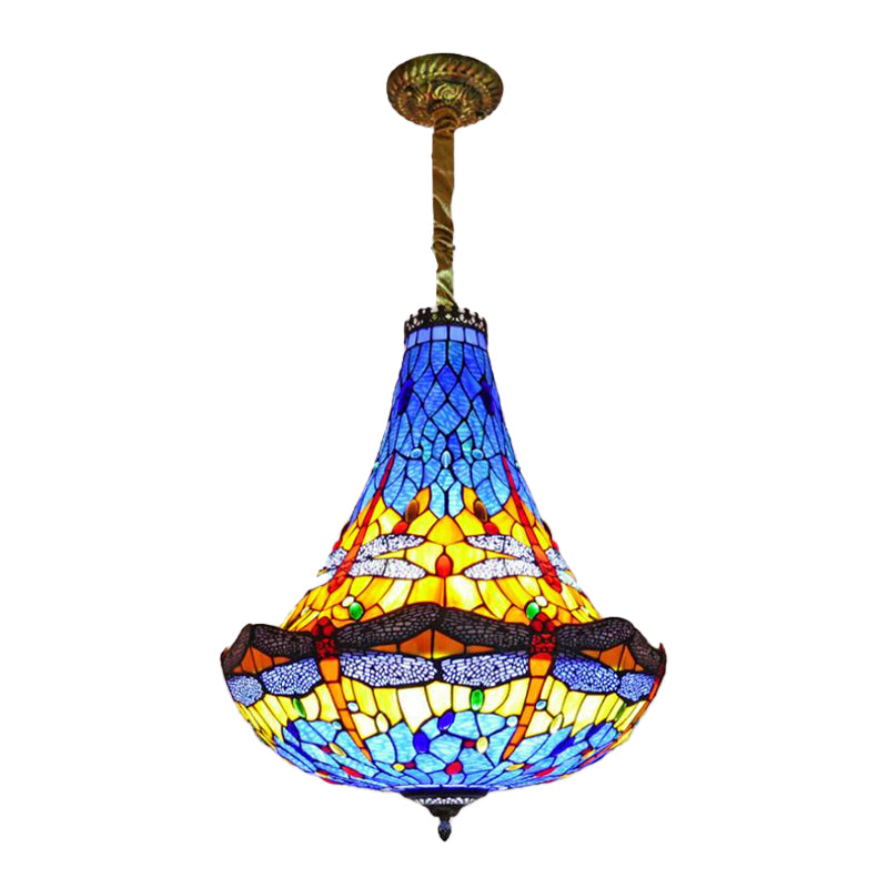 16"/19.5" Wide Dragonfly Chandelier Light Tiffany Stained Glass 5 Lights Blue/Green Pendant Lighting for Dining Room Clearhalo 'Ceiling Lights' 'Chandeliers' 'Glass shade' 'Glass' 'Industrial' 'Middle Century Chandeliers' 'Tiffany Chandeliers' 'Tiffany close to ceiling' 'Tiffany' Lighting' 293136