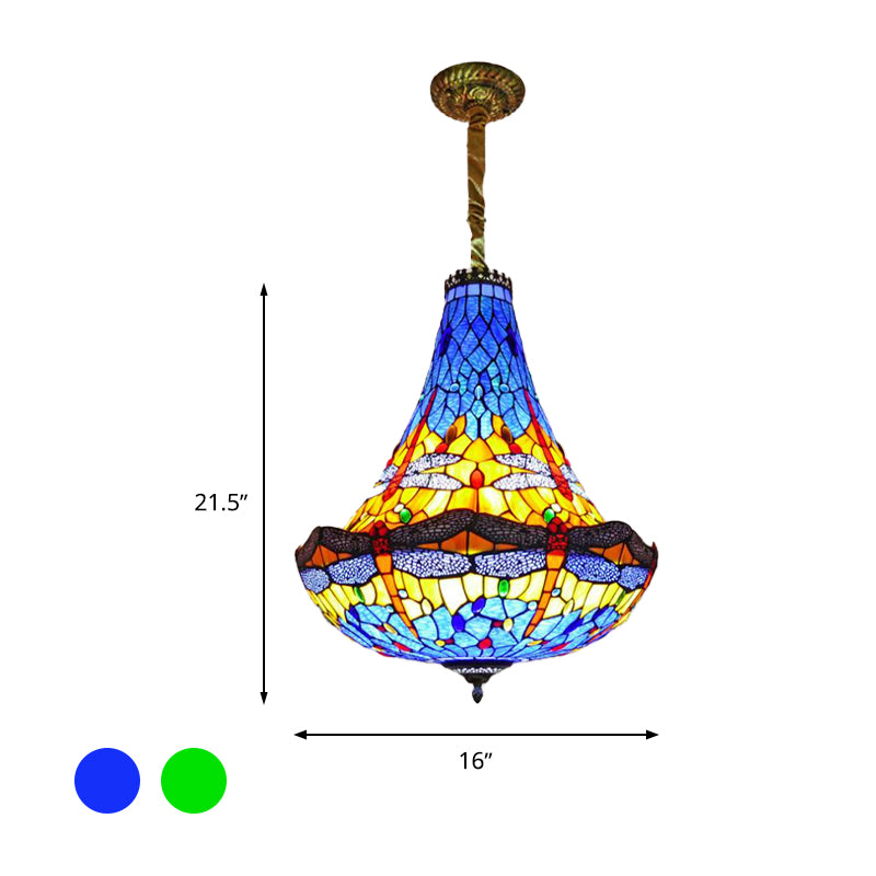 16"/19.5" Wide Dragonfly Chandelier Light Tiffany Stained Glass 5 Lights Blue/Green Pendant Lighting for Dining Room Clearhalo 'Ceiling Lights' 'Chandeliers' 'Glass shade' 'Glass' 'Industrial' 'Middle Century Chandeliers' 'Tiffany Chandeliers' 'Tiffany close to ceiling' 'Tiffany' Lighting' 293137