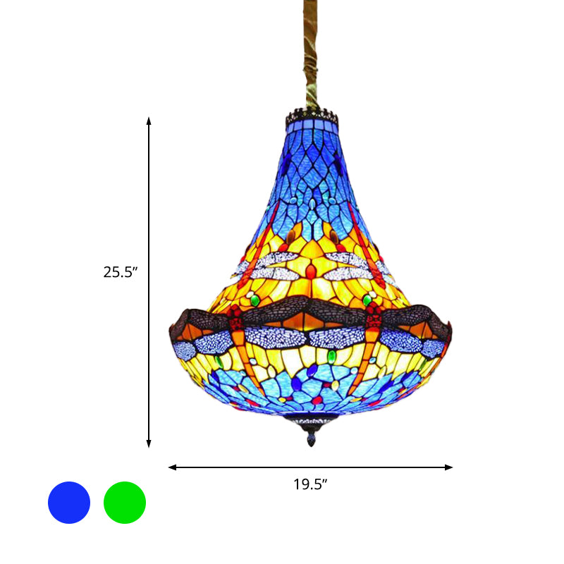 16"/19.5" Wide Dragonfly Chandelier Light Tiffany Stained Glass 5 Lights Blue/Green Pendant Lighting for Dining Room Clearhalo 'Ceiling Lights' 'Chandeliers' 'Glass shade' 'Glass' 'Industrial' 'Middle Century Chandeliers' 'Tiffany Chandeliers' 'Tiffany close to ceiling' 'Tiffany' Lighting' 293138