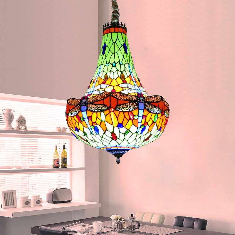 16"/19.5" Wide Dragonfly Chandelier Light Tiffany Stained Glass 5 Lights Blue/Green Pendant Lighting for Dining Room Green Clearhalo 'Ceiling Lights' 'Chandeliers' 'Glass shade' 'Glass' 'Industrial' 'Middle Century Chandeliers' 'Tiffany Chandeliers' 'Tiffany close to ceiling' 'Tiffany' Lighting' 293139