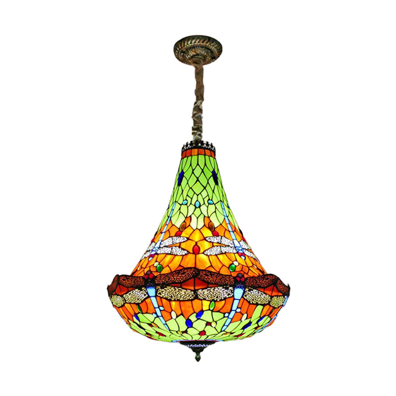 16"/19.5" Wide Dragonfly Chandelier Light Tiffany Stained Glass 5 Lights Blue/Green Pendant Lighting for Dining Room Clearhalo 'Ceiling Lights' 'Chandeliers' 'Glass shade' 'Glass' 'Industrial' 'Middle Century Chandeliers' 'Tiffany Chandeliers' 'Tiffany close to ceiling' 'Tiffany' Lighting' 293141