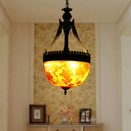 Mediterranean Flower Chandelier Lighting 12"/16" Wide 3 Lights Stained Glass Pendant Lamp in Yellow Yellow 12" Clearhalo 'Ceiling Lights' 'Chandeliers' 'Close To Ceiling Lights' 'Glass shade' 'Glass' 'Industrial' 'Middle Century Chandeliers' 'Tiffany Chandeliers' 'Tiffany close to ceiling' 'Tiffany' Lighting' 293142