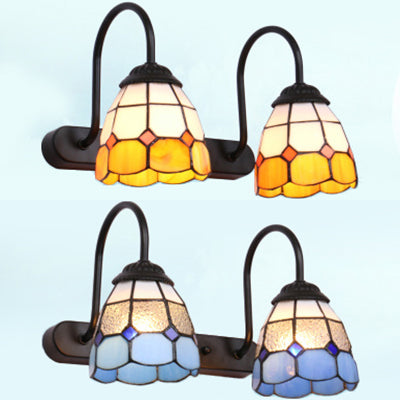 2 Heads Grid Patterned Vanity Lighting Baroque Blue/Yellow Glass Wall Mount Light Fixture Clearhalo 'Industrial' 'Middle century wall lights' 'Tiffany wall lights' 'Tiffany' 'Wall Lamps & Sconces' 'Wall Lights' Lighting' 29314