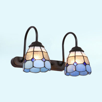 2 Heads Grid Patterned Vanity Lighting Baroque Blue/Yellow Glass Wall Mount Light Fixture Blue Clearhalo 'Industrial' 'Middle century wall lights' 'Tiffany wall lights' 'Tiffany' 'Wall Lamps & Sconces' 'Wall Lights' Lighting' 29315