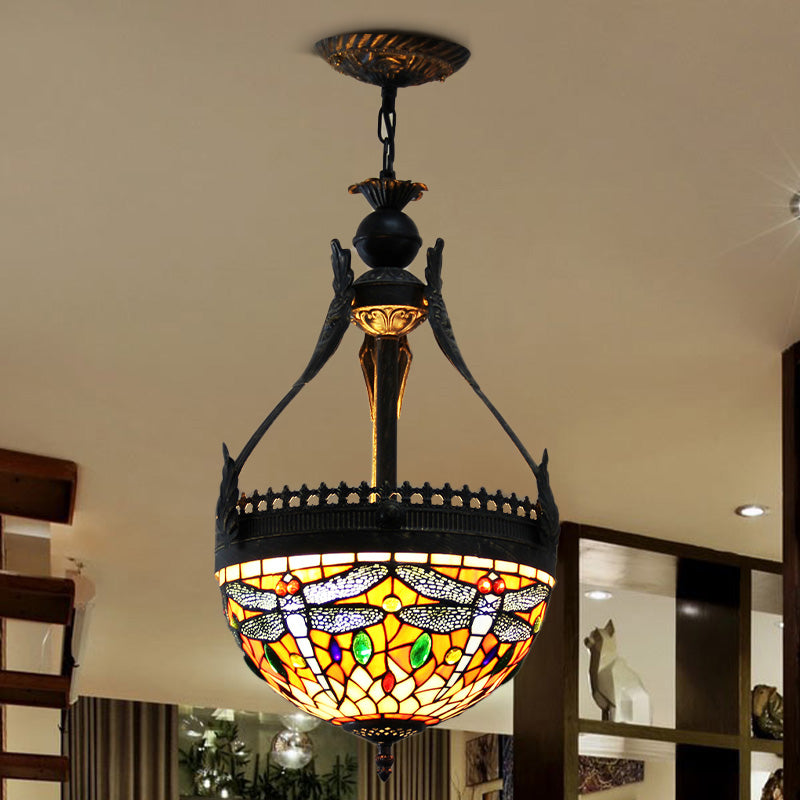 Stained Glass Dragonfly Chandelier Lamp Mediterranean 3 Lights Orange/Green Hanging Pendant Clearhalo 'Ceiling Lights' 'Chandeliers' 'Glass shade' 'Glass' 'Industrial' 'Middle Century Chandeliers' 'Tiffany Chandeliers' 'Tiffany close to ceiling' 'Tiffany' Lighting' 293152