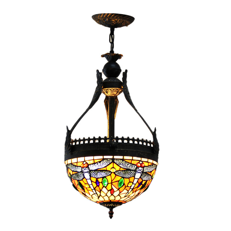 Stained Glass Dragonfly Chandelier Lamp Mediterranean 3 Lights Orange/Green Hanging Pendant Clearhalo 'Ceiling Lights' 'Chandeliers' 'Glass shade' 'Glass' 'Industrial' 'Middle Century Chandeliers' 'Tiffany Chandeliers' 'Tiffany close to ceiling' 'Tiffany' Lighting' 293154