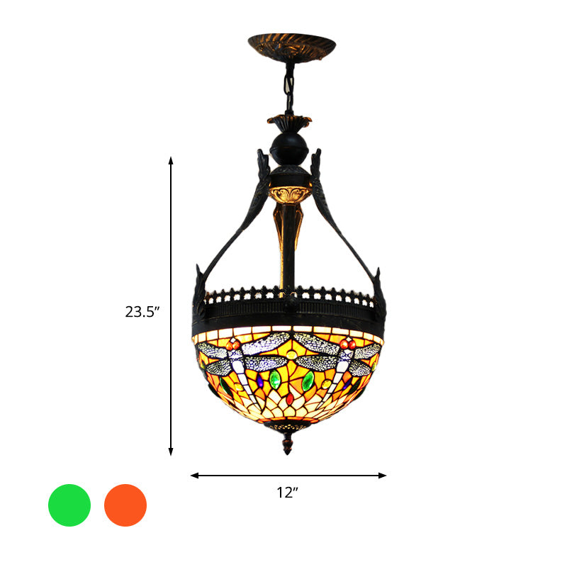 Stained Glass Dragonfly Chandelier Lamp Mediterranean 3 Lights Orange/Green Hanging Pendant Clearhalo 'Ceiling Lights' 'Chandeliers' 'Glass shade' 'Glass' 'Industrial' 'Middle Century Chandeliers' 'Tiffany Chandeliers' 'Tiffany close to ceiling' 'Tiffany' Lighting' 293155