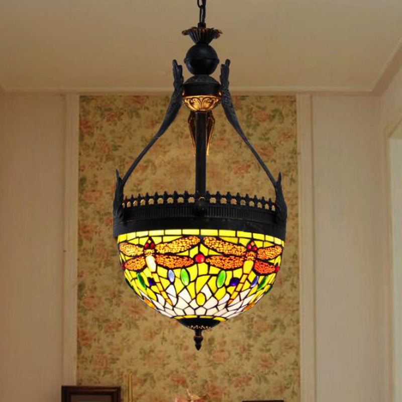 Stained Glass Dragonfly Chandelier Lamp Mediterranean 3 Lights Orange/Green Hanging Pendant Green Clearhalo 'Ceiling Lights' 'Chandeliers' 'Glass shade' 'Glass' 'Industrial' 'Middle Century Chandeliers' 'Tiffany Chandeliers' 'Tiffany close to ceiling' 'Tiffany' Lighting' 293156
