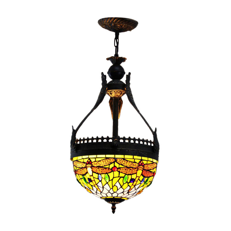 Stained Glass Dragonfly Chandelier Lamp Mediterranean 3 Lights Orange/Green Hanging Pendant Clearhalo 'Ceiling Lights' 'Chandeliers' 'Glass shade' 'Glass' 'Industrial' 'Middle Century Chandeliers' 'Tiffany Chandeliers' 'Tiffany close to ceiling' 'Tiffany' Lighting' 293158