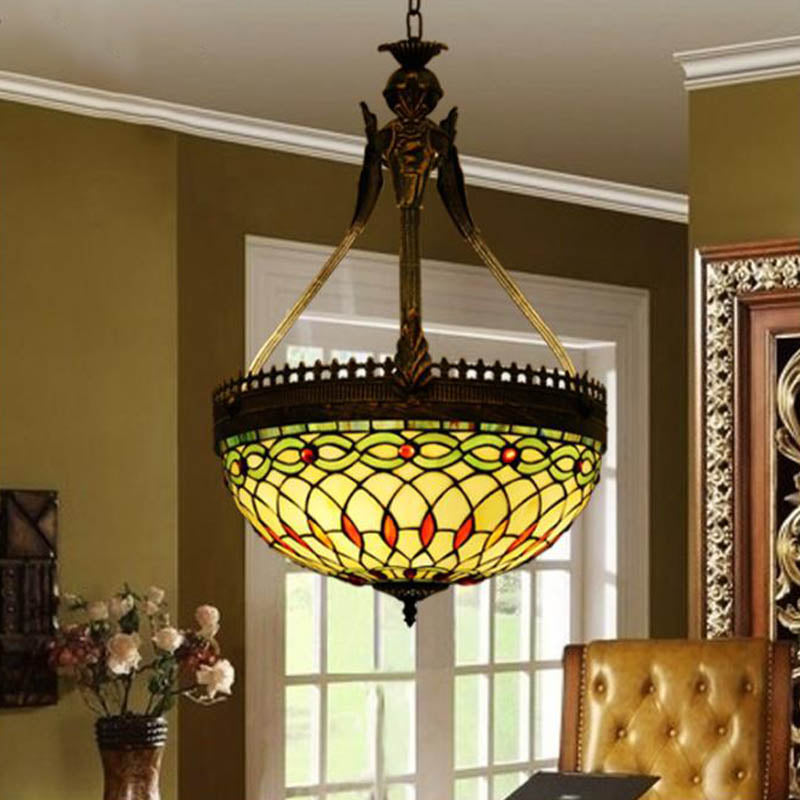 3 Lights Dragonfly Chandelier Light Fixture Tiffany Style Yellow/Orange/Pink and White Stained Glass Hanging Lamp Yellow Clearhalo 'Ceiling Lights' 'Chandeliers' 'Glass shade' 'Glass' 'Industrial' 'Middle Century Chandeliers' 'Tiffany Chandeliers' 'Tiffany close to ceiling' 'Tiffany' Lighting' 293168