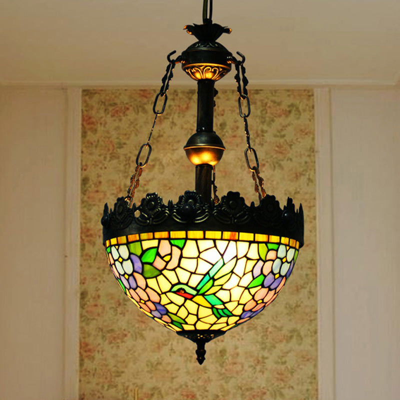 12"/16" Wide Antique Brass Floral Ceiling Chandelier Tiffany Style 3 Lights Stained Glass Hanging Lamp Kit Clearhalo 'Ceiling Lights' 'Chandeliers' 'Glass shade' 'Glass' 'Industrial' 'Middle Century Chandeliers' 'Tiffany Chandeliers' 'Tiffany close to ceiling' 'Tiffany' Lighting' 293176