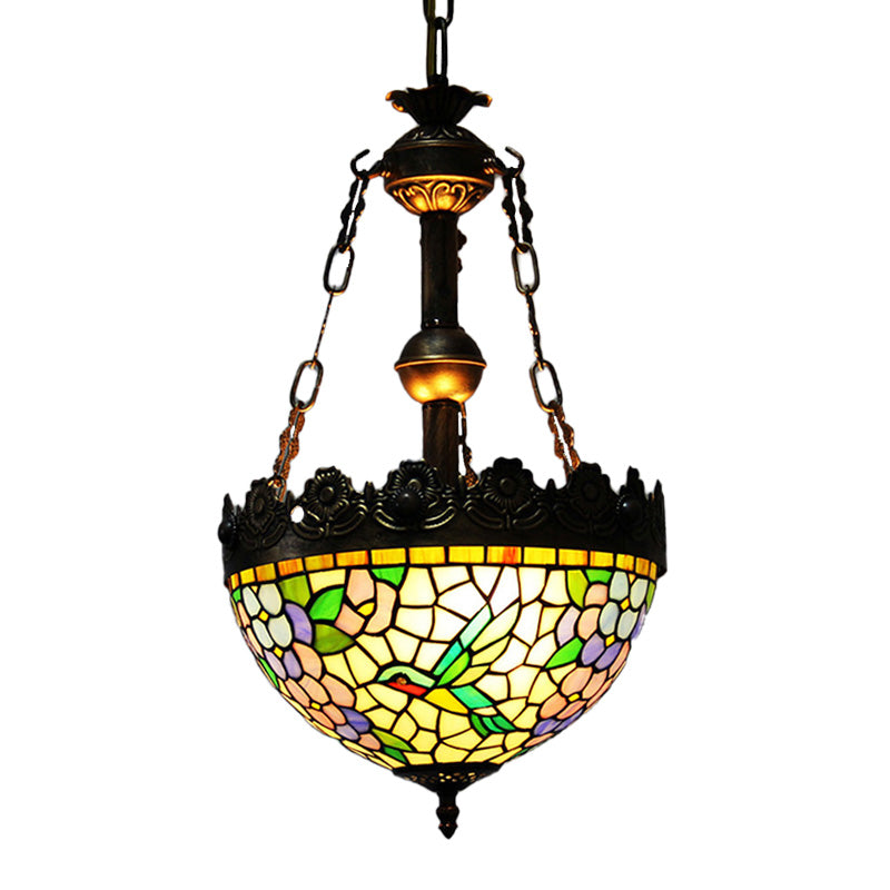 12"/16" Wide Antique Brass Floral Ceiling Chandelier Tiffany Style 3 Lights Stained Glass Hanging Lamp Kit Clearhalo 'Ceiling Lights' 'Chandeliers' 'Glass shade' 'Glass' 'Industrial' 'Middle Century Chandeliers' 'Tiffany Chandeliers' 'Tiffany close to ceiling' 'Tiffany' Lighting' 293178