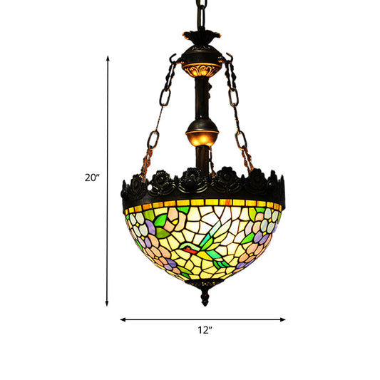12"/16" Wide Antique Brass Floral Ceiling Chandelier Tiffany Style 3 Lights Stained Glass Hanging Lamp Kit Clearhalo 'Ceiling Lights' 'Chandeliers' 'Glass shade' 'Glass' 'Industrial' 'Middle Century Chandeliers' 'Tiffany Chandeliers' 'Tiffany close to ceiling' 'Tiffany' Lighting' 293179