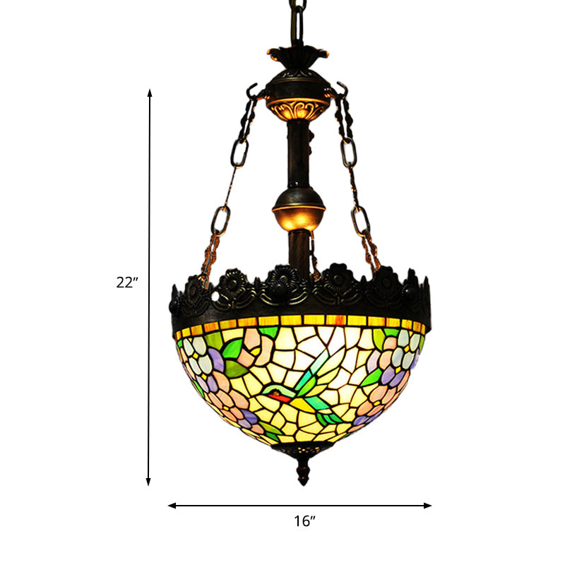 12"/16" Wide Antique Brass Floral Ceiling Chandelier Tiffany Style 3 Lights Stained Glass Hanging Lamp Kit Clearhalo 'Ceiling Lights' 'Chandeliers' 'Glass shade' 'Glass' 'Industrial' 'Middle Century Chandeliers' 'Tiffany Chandeliers' 'Tiffany close to ceiling' 'Tiffany' Lighting' 293180