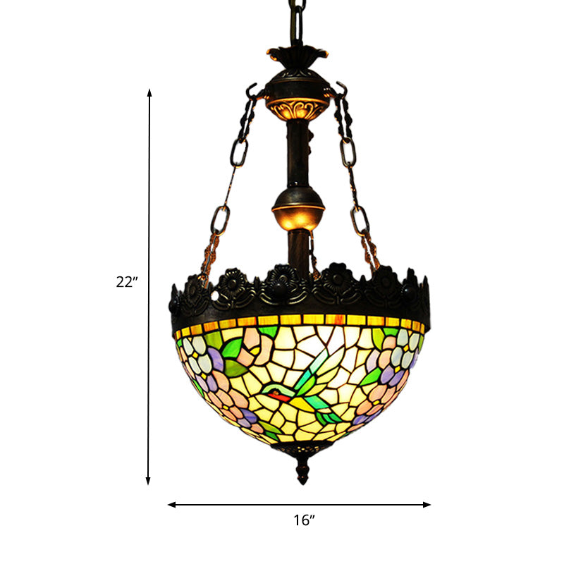 12"/16" Wide Antique Brass Floral Ceiling Chandelier Tiffany Style 3 Lights Stained Glass Hanging Lamp Kit Clearhalo 'Ceiling Lights' 'Chandeliers' 'Glass shade' 'Glass' 'Industrial' 'Middle Century Chandeliers' 'Tiffany Chandeliers' 'Tiffany close to ceiling' 'Tiffany' Lighting' 293180