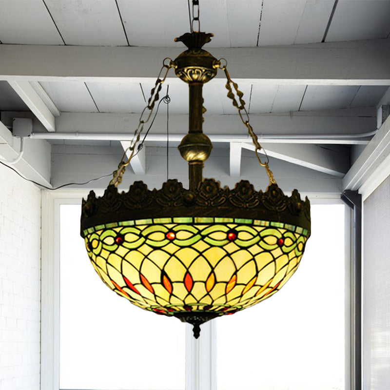 3 Lights Hanging Chandelier Mediterranean Dragonfly/Heart/Geometric Stained Glass Pendant Light in Antique Brass Clearhalo 'Ceiling Lights' 'Chandeliers' 'Glass shade' 'Glass' 'Industrial' 'Middle Century Chandeliers' 'Tiffany Chandeliers' 'Tiffany close to ceiling' 'Tiffany' Lighting' 293182