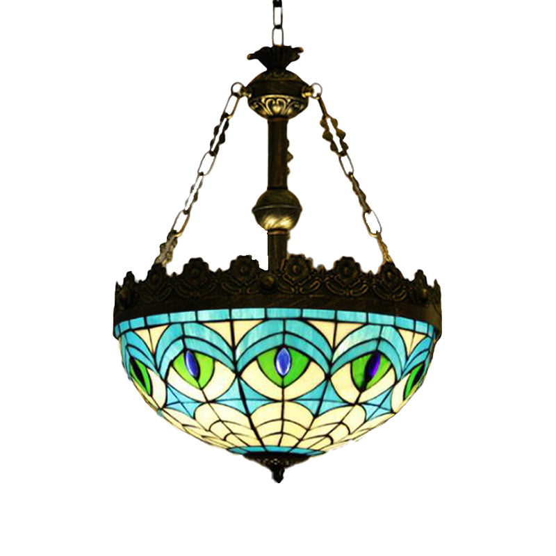 3 Lights Hanging Chandelier Mediterranean Dragonfly/Heart/Geometric Stained Glass Pendant Light in Antique Brass Clearhalo 'Ceiling Lights' 'Chandeliers' 'Glass shade' 'Glass' 'Industrial' 'Middle Century Chandeliers' 'Tiffany Chandeliers' 'Tiffany close to ceiling' 'Tiffany' Lighting' 293188