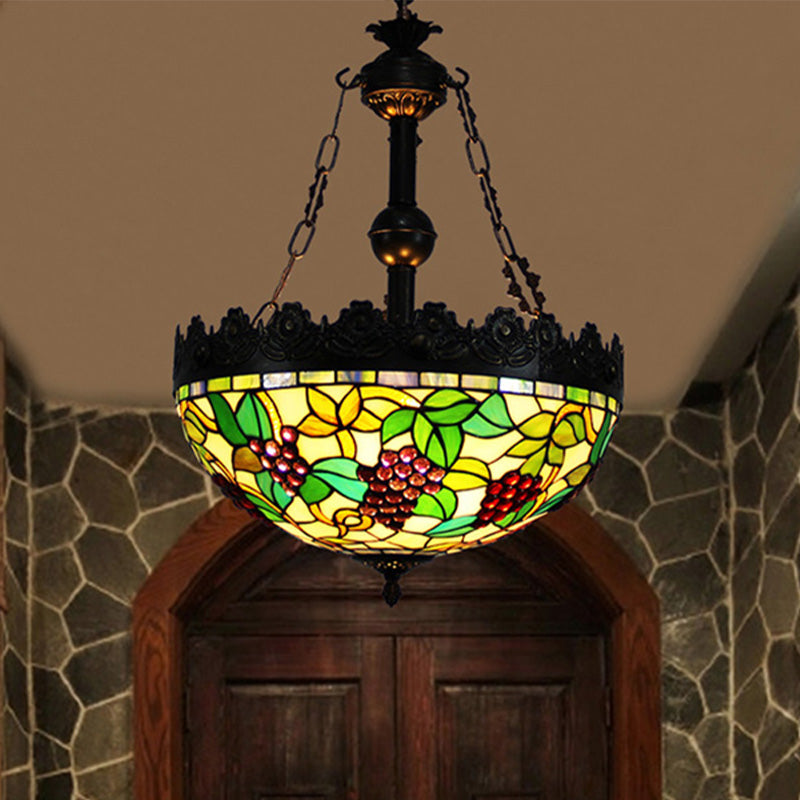 Green 3 Lights Chandelier Lighting Fixture Tiffany Stained Glass Grape Hanging Pendant for Living Room Clearhalo 'Ceiling Lights' 'Chandeliers' 'Glass shade' 'Glass' 'Industrial' 'Middle Century Chandeliers' 'Tiffany Chandeliers' 'Tiffany close to ceiling' 'Tiffany' Lighting' 293199