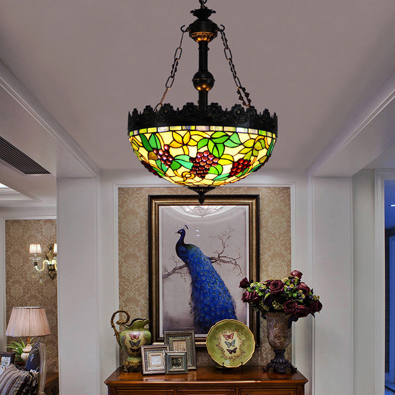 Green 3 Lights Chandelier Lighting Fixture Tiffany Stained Glass Grape Hanging Pendant for Living Room Clearhalo 'Ceiling Lights' 'Chandeliers' 'Glass shade' 'Glass' 'Industrial' 'Middle Century Chandeliers' 'Tiffany Chandeliers' 'Tiffany close to ceiling' 'Tiffany' Lighting' 293200