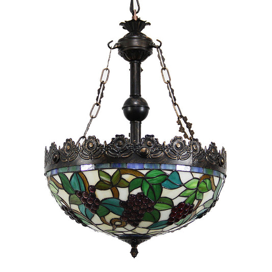 Green 3 Lights Chandelier Lighting Fixture Tiffany Stained Glass Grape Hanging Pendant for Living Room Clearhalo 'Ceiling Lights' 'Chandeliers' 'Glass shade' 'Glass' 'Industrial' 'Middle Century Chandeliers' 'Tiffany Chandeliers' 'Tiffany close to ceiling' 'Tiffany' Lighting' 293201