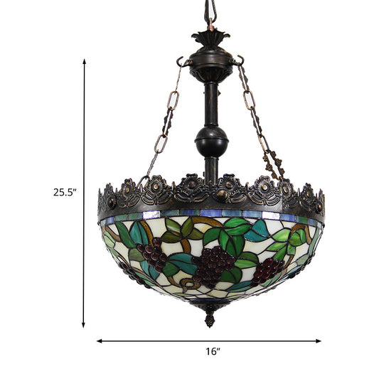 Green 3 Lights Chandelier Lighting Fixture Tiffany Stained Glass Grape Hanging Pendant for Living Room Clearhalo 'Ceiling Lights' 'Chandeliers' 'Glass shade' 'Glass' 'Industrial' 'Middle Century Chandeliers' 'Tiffany Chandeliers' 'Tiffany close to ceiling' 'Tiffany' Lighting' 293202