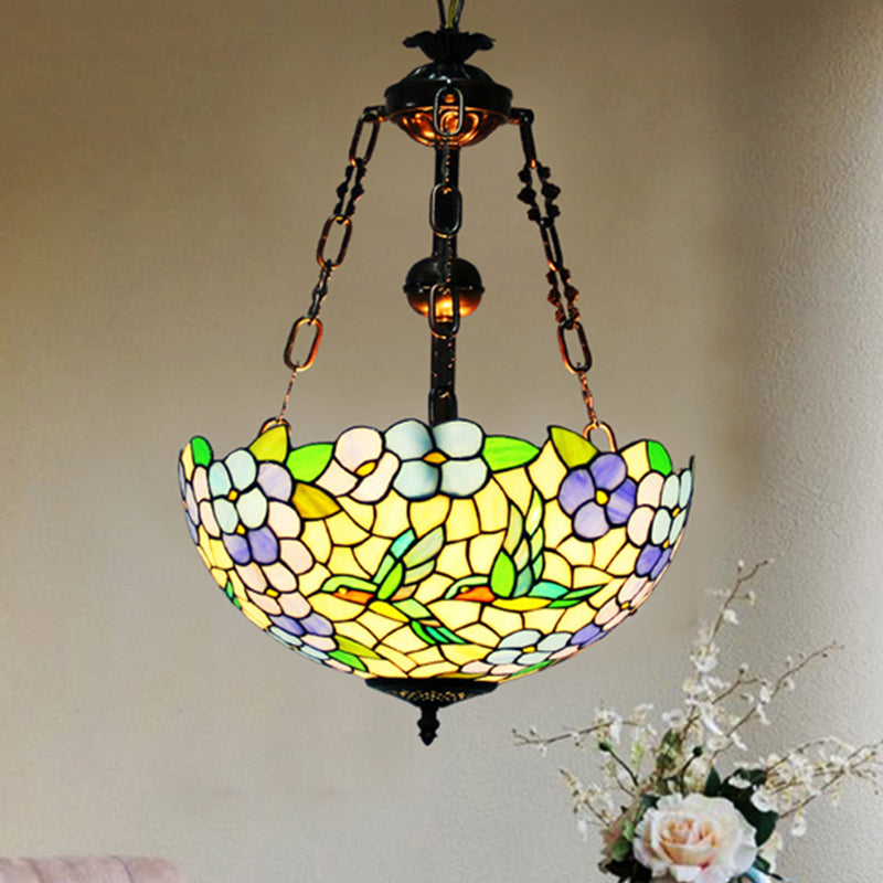 Flower Stained Glass Chandelier Pendant Light Mediterranean 3 Lights Weathered Copper Suspension Lamp Clearhalo 'Ceiling Lights' 'Chandeliers' 'Glass shade' 'Glass' 'Industrial' 'Middle Century Chandeliers' 'Tiffany Chandeliers' 'Tiffany close to ceiling' 'Tiffany' Lighting' 293205