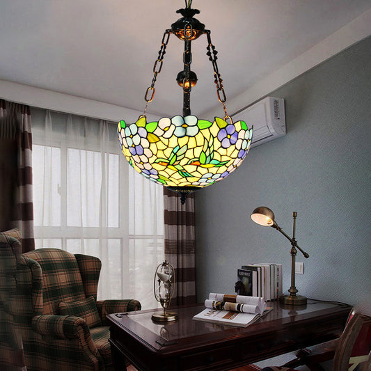 Flower Stained Glass Chandelier Pendant Light Mediterranean 3 Lights Weathered Copper Suspension Lamp Clearhalo 'Ceiling Lights' 'Chandeliers' 'Glass shade' 'Glass' 'Industrial' 'Middle Century Chandeliers' 'Tiffany Chandeliers' 'Tiffany close to ceiling' 'Tiffany' Lighting' 293206