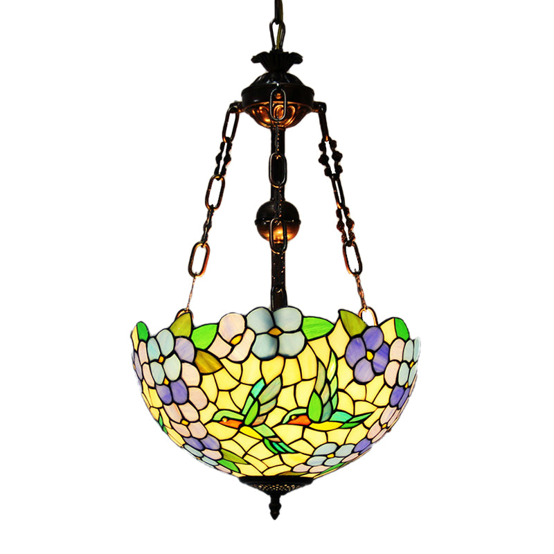 Flower Stained Glass Chandelier Pendant Light Mediterranean 3 Lights Weathered Copper Suspension Lamp Clearhalo 'Ceiling Lights' 'Chandeliers' 'Glass shade' 'Glass' 'Industrial' 'Middle Century Chandeliers' 'Tiffany Chandeliers' 'Tiffany close to ceiling' 'Tiffany' Lighting' 293207