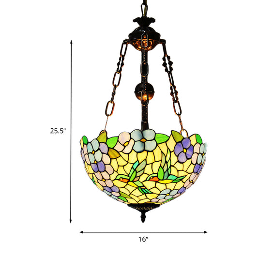 Flower Stained Glass Chandelier Pendant Light Mediterranean 3 Lights Weathered Copper Suspension Lamp Clearhalo 'Ceiling Lights' 'Chandeliers' 'Glass shade' 'Glass' 'Industrial' 'Middle Century Chandeliers' 'Tiffany Chandeliers' 'Tiffany close to ceiling' 'Tiffany' Lighting' 293208