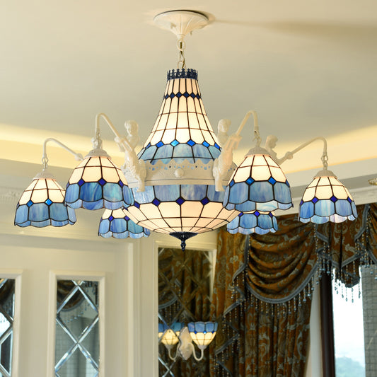 Stained Glass White Hanging Chandelier Grid Patterned 13 Lights Baroque Suspension Pendant Clearhalo 'Ceiling Lights' 'Chandeliers' 'Glass shade' 'Glass' 'Industrial' 'Middle Century Chandeliers' 'Tiffany Chandeliers' 'Tiffany close to ceiling' 'Tiffany' Lighting' 293211