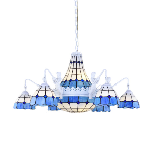 Stained Glass White Hanging Chandelier Grid Patterned 13 Lights Baroque Suspension Pendant Clearhalo 'Ceiling Lights' 'Chandeliers' 'Glass shade' 'Glass' 'Industrial' 'Middle Century Chandeliers' 'Tiffany Chandeliers' 'Tiffany close to ceiling' 'Tiffany' Lighting' 293213