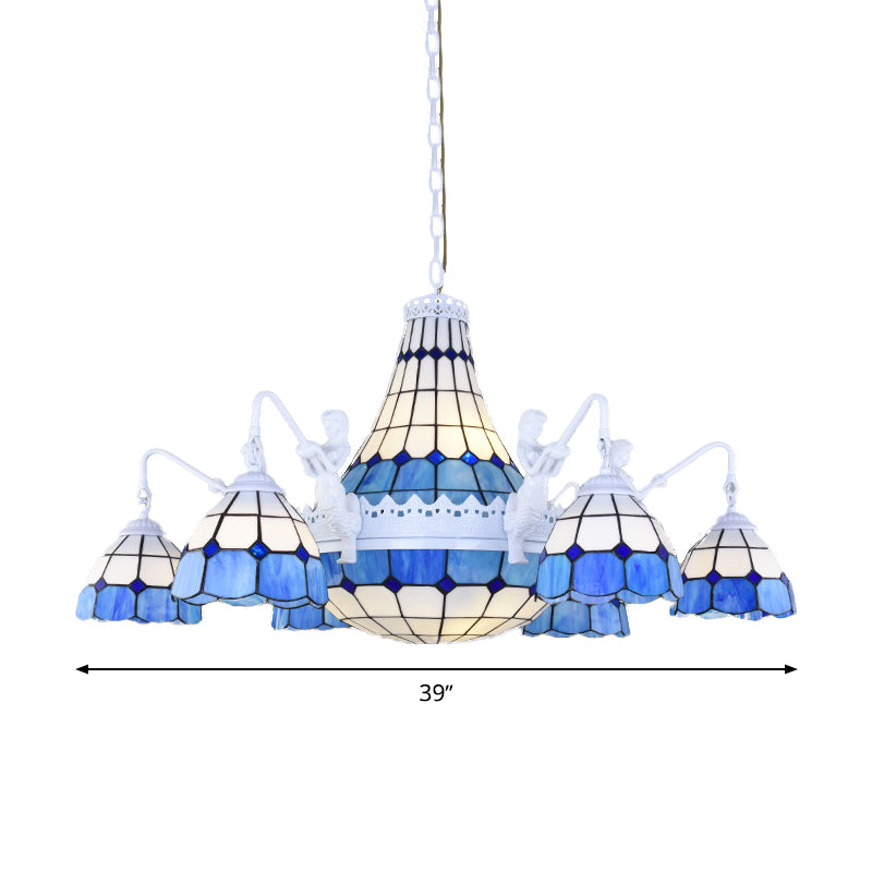 Stained Glass White Hanging Chandelier Grid Patterned 13 Lights Baroque Suspension Pendant Clearhalo 'Ceiling Lights' 'Chandeliers' 'Glass shade' 'Glass' 'Industrial' 'Middle Century Chandeliers' 'Tiffany Chandeliers' 'Tiffany close to ceiling' 'Tiffany' Lighting' 293214