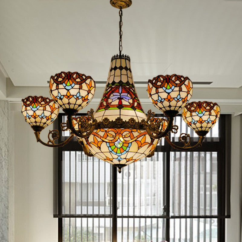 11/13 Lights Dining Room Pendant Chandelier Tiffany Brass Down Lighting with Dome Stained Glass Shade, 39"/47" Wide Clearhalo 'Ceiling Lights' 'Chandeliers' 'Industrial' 'Middle Century Chandeliers' 'Tiffany Chandeliers' 'Tiffany close to ceiling' 'Tiffany' Lighting' 293217