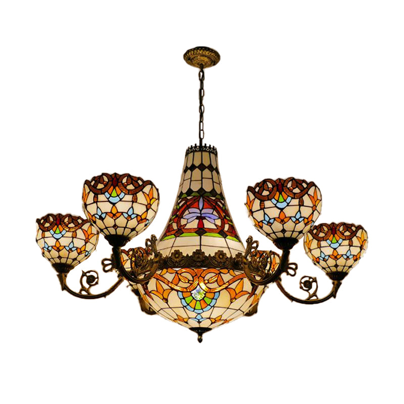 11/13 Lights Dining Room Pendant Chandelier Tiffany Brass Down Lighting with Dome Stained Glass Shade, 39"/47" Wide Clearhalo 'Ceiling Lights' 'Chandeliers' 'Industrial' 'Middle Century Chandeliers' 'Tiffany Chandeliers' 'Tiffany close to ceiling' 'Tiffany' Lighting' 293219