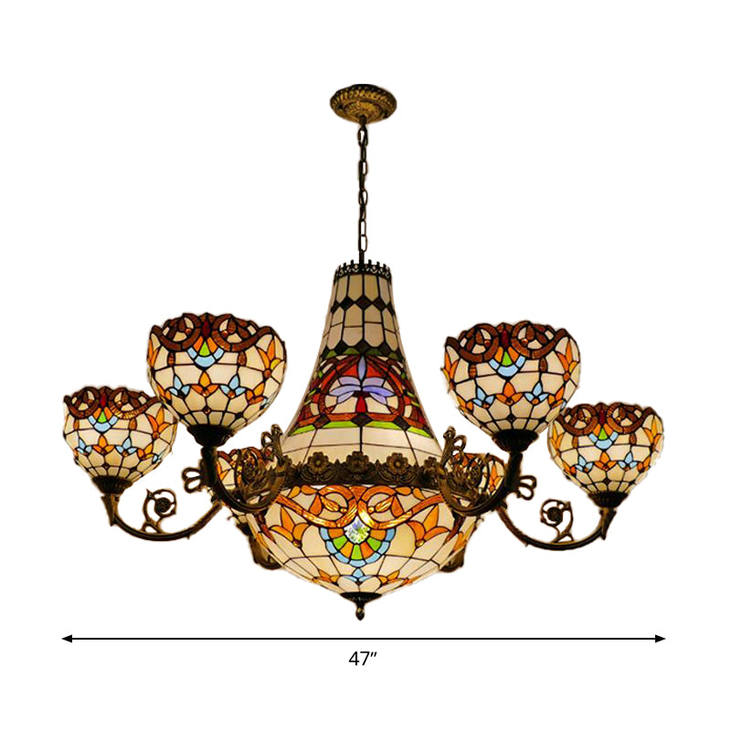 11/13 Lights Dining Room Pendant Chandelier Tiffany Brass Down Lighting with Dome Stained Glass Shade, 39"/47" Wide Clearhalo 'Ceiling Lights' 'Chandeliers' 'Industrial' 'Middle Century Chandeliers' 'Tiffany Chandeliers' 'Tiffany close to ceiling' 'Tiffany' Lighting' 293221