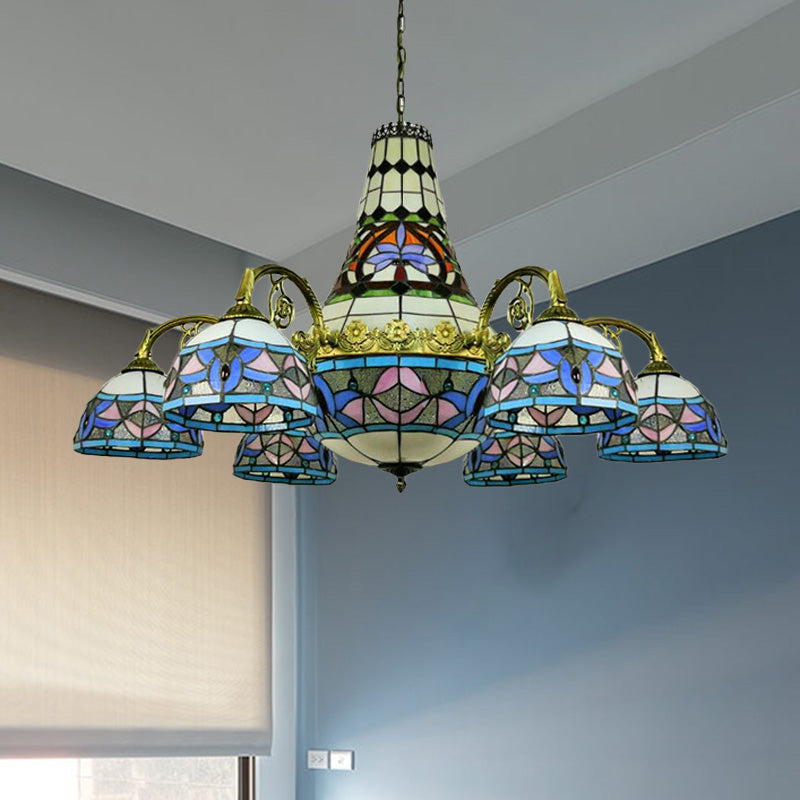 Curved Arm Ceiling Chandelier 11 Lights Stained Glass Mediterranean Hanging Ceiling Light in Pink and Blue/Purplish Blue Clearhalo 'Ceiling Lights' 'Chandeliers' 'Glass shade' 'Glass' 'Industrial' 'Middle Century Chandeliers' 'Tiffany Chandeliers' 'Tiffany close to ceiling' 'Tiffany' Lighting' 293223
