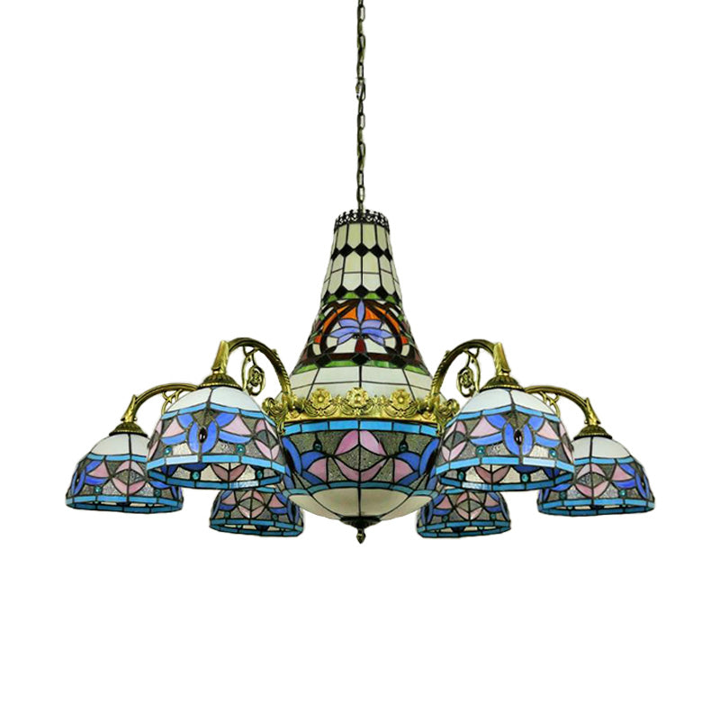 Curved Arm Ceiling Chandelier 11 Lights Stained Glass Mediterranean Hanging Ceiling Light in Pink and Blue/Purplish Blue Clearhalo 'Ceiling Lights' 'Chandeliers' 'Glass shade' 'Glass' 'Industrial' 'Middle Century Chandeliers' 'Tiffany Chandeliers' 'Tiffany close to ceiling' 'Tiffany' Lighting' 293225